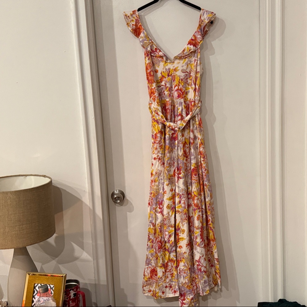 BHLDN Sadie V-Neck Floral Maxi Dress in Orange and Pink